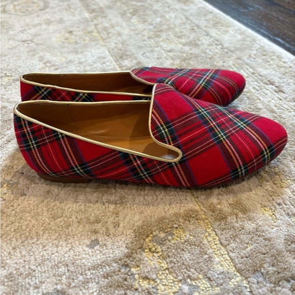 J Crew Factory Red Tartan Loafers Gold Edge Flats - Picture 3 of 9
